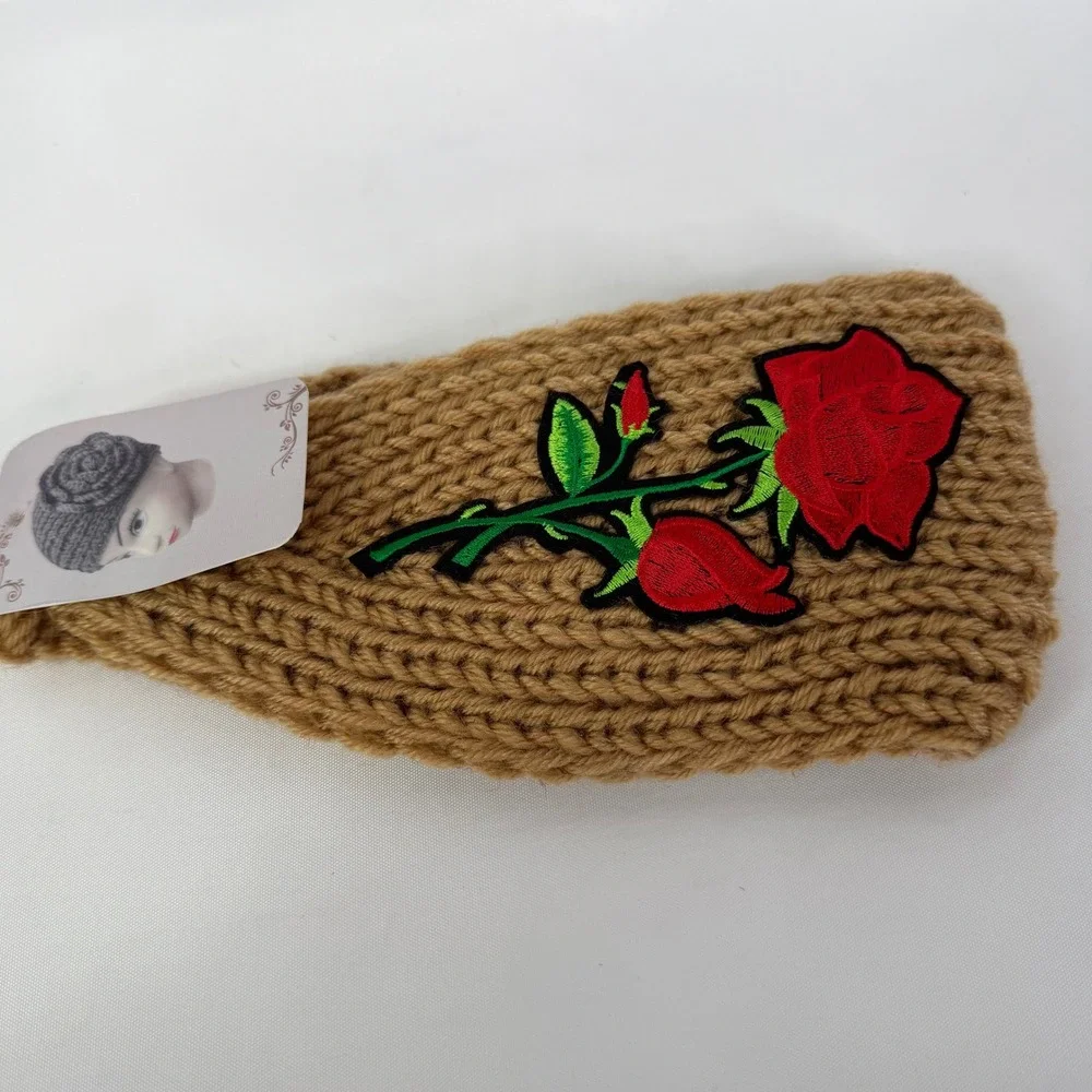Tan Knit Rose Embroidered Ear Warmer Headband Floral Winter Headwrap WT-510R NEW
